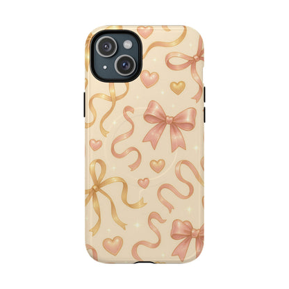 Festive Bow Charm iPhone Case — Pink & Gold Ribbon Hearts with MagSafe - Shamo's