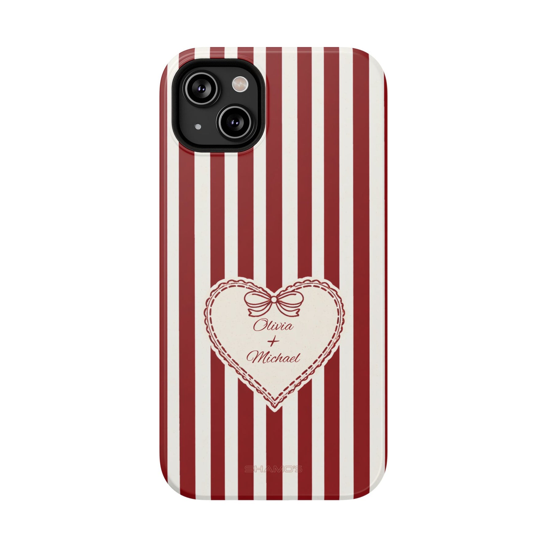 Funda personalizada a rayas — Diseño de corazón rojo y blanco (nombres personalizados)