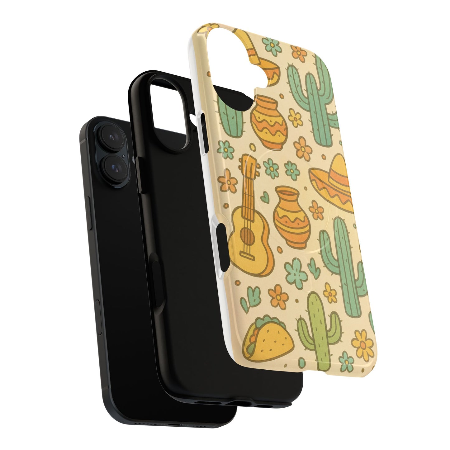 Mexico Hand-Drawn Cactus Pattern iPhone Case – Cute Desert Guitar & Sombrero Design | with MagSafe