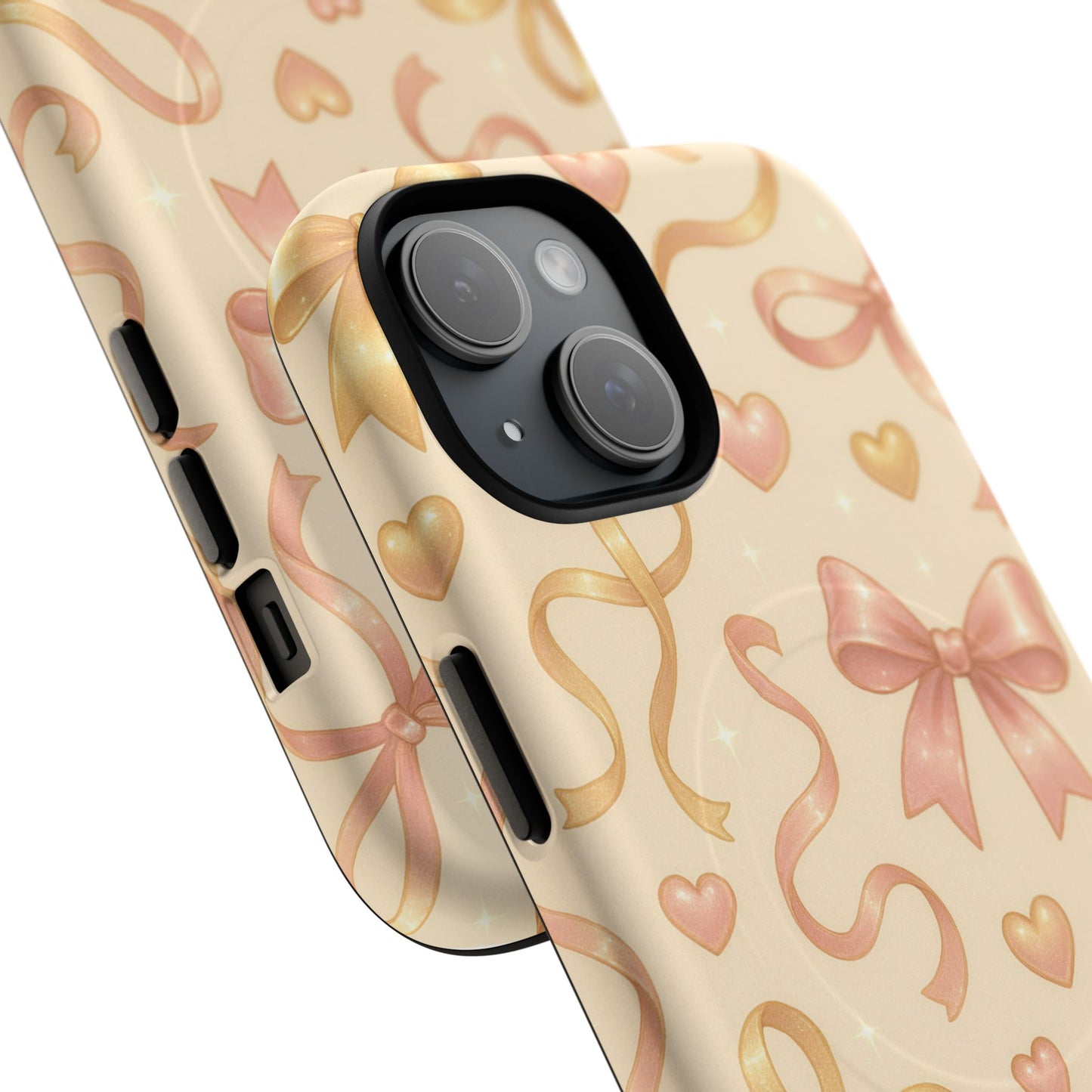 Festive Bow Charm iPhone Case — Pink & Gold Ribbon Hearts with MagSafe - Shamo's