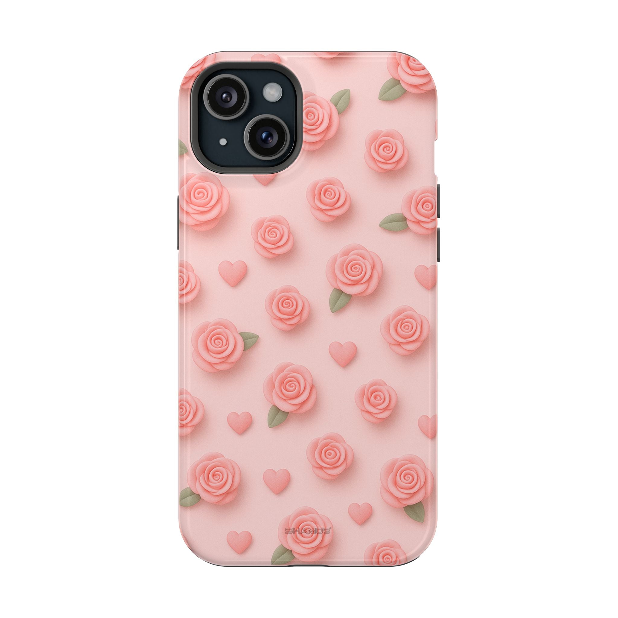 Pink Rose Pattern Impact iPhone Case — Floral Hearts Protective Cover (MagSafe compatible) - iPhone 15 Plus / Glossy - Shamo's