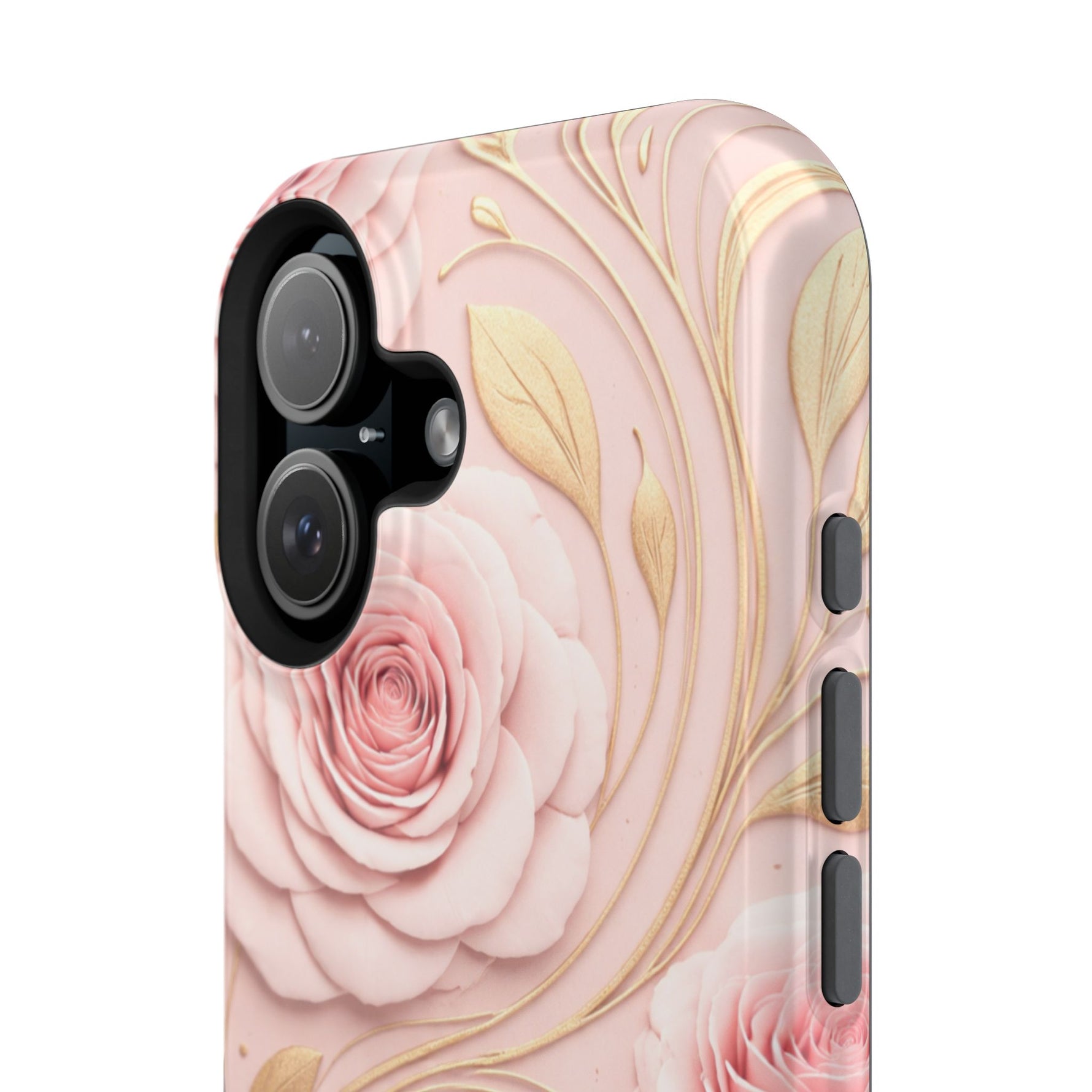 Floral Pink Rose MagSafe iPhone Case, Gold Leaf Magnetic Impact-Resistant