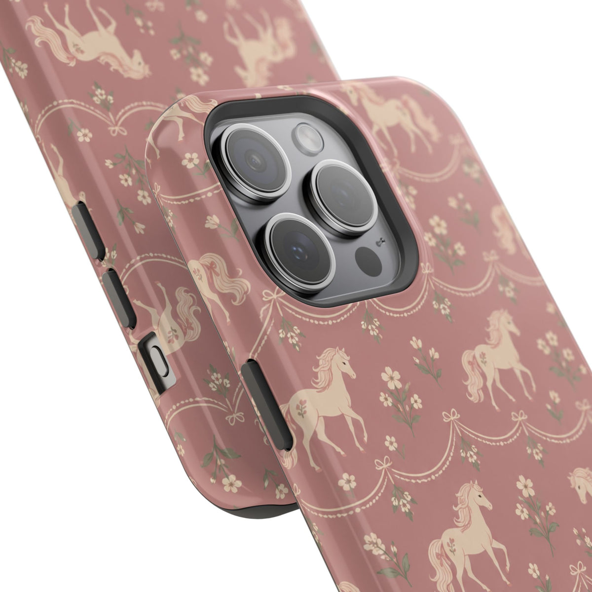 Rose Ponies MagSafe Phone Case, glossy square triple-camera Pro model, camera and side-button close-up