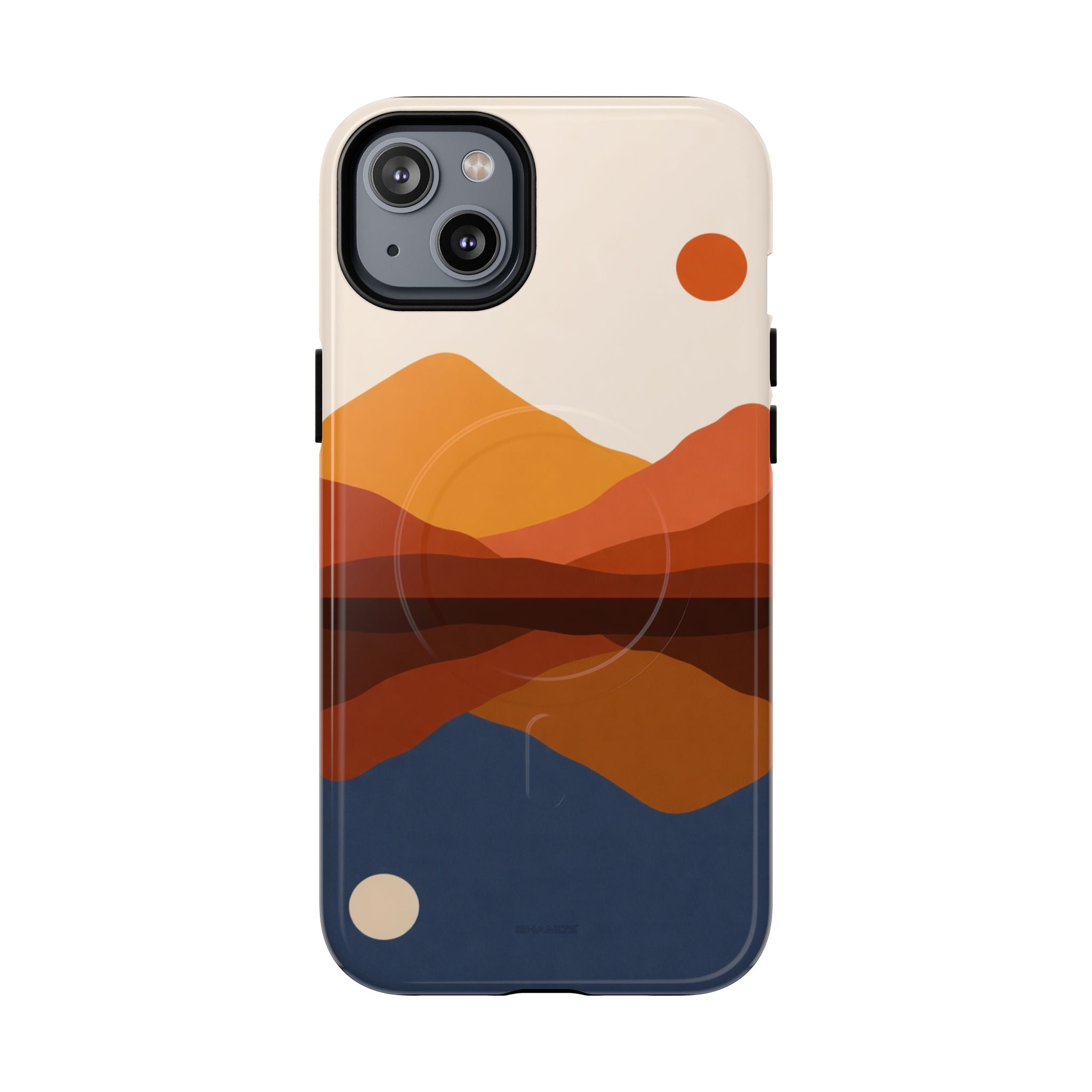 iPhone case with abstract mountain landscape design in orange, brown, and blue tones, showing size variant #iphone-14-plus