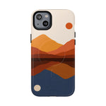 iPhone case with abstract mountain landscape design in orange, brown, and blue tones, showing size variant