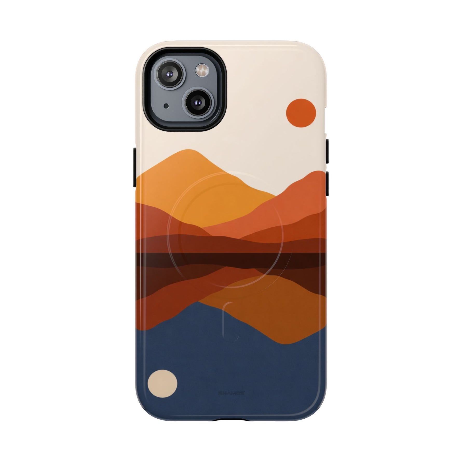 iPhone case with abstract mountain landscape design in orange, brown, and blue tones, showing size variant