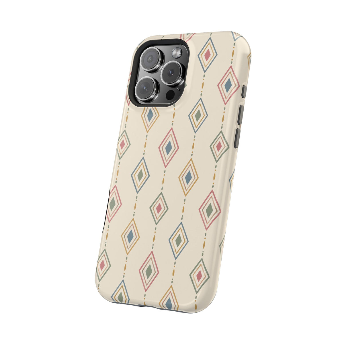 Desert Diamonds – Pastel Geometric Pattern MagSafe Phone Case, glossy square triple-camera Pro model, angled rear view