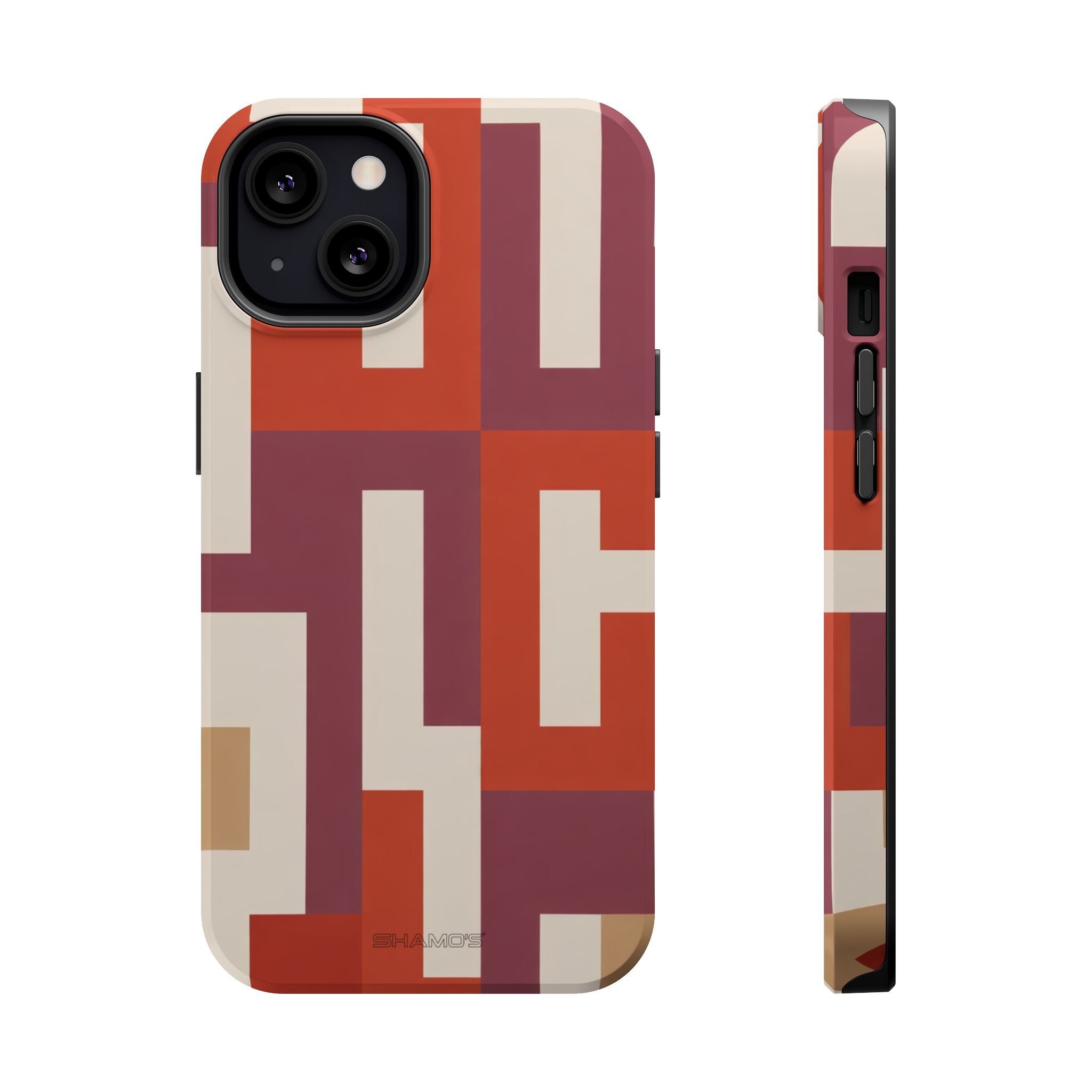 Phone case with interlocking rectangular shapes in rust red, burgundy, and cream