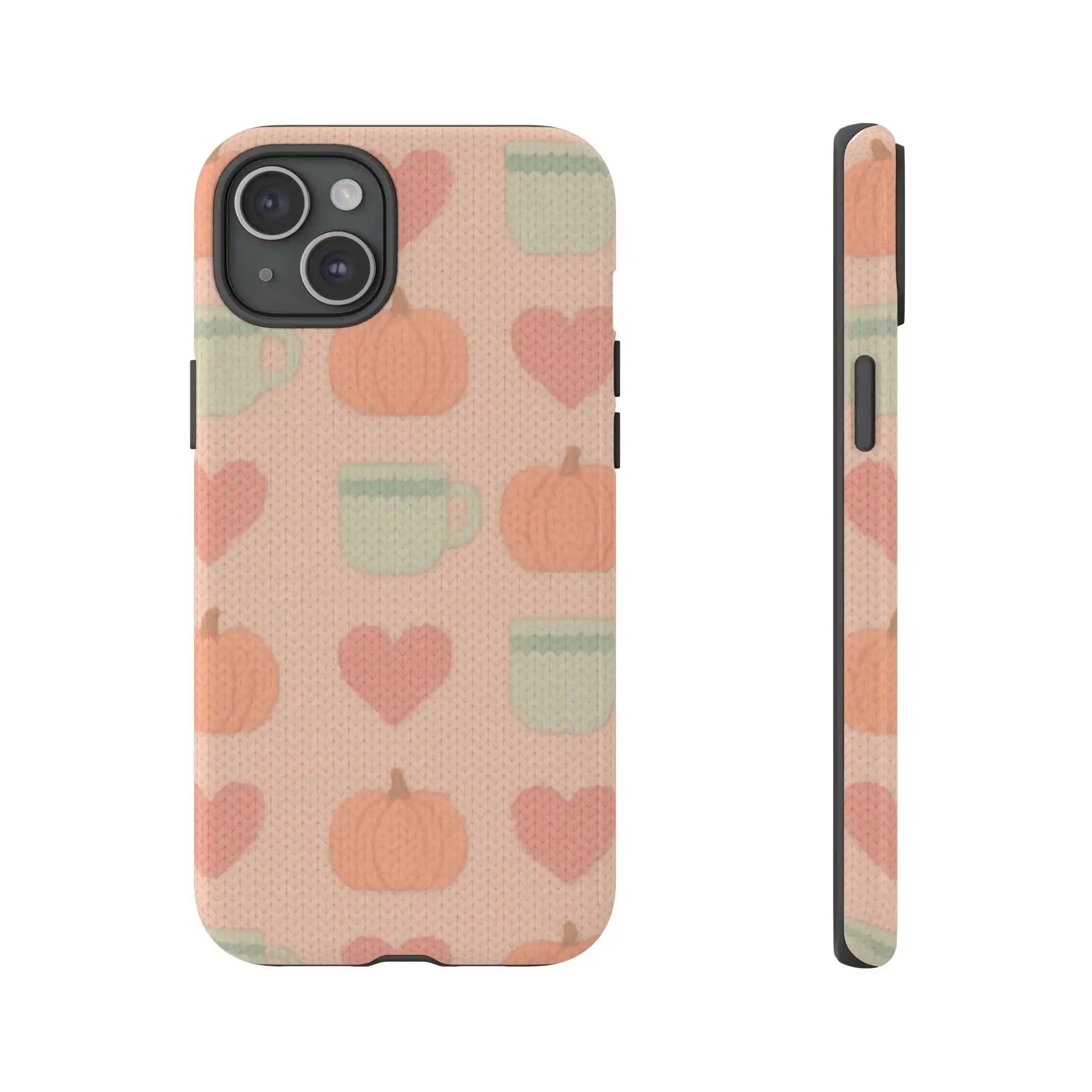 Autumn Cozy Phone Case – Pumpkin, Heart & Coffee Cup Pattern  Shamo's iPhone 15 Plus / Glossy