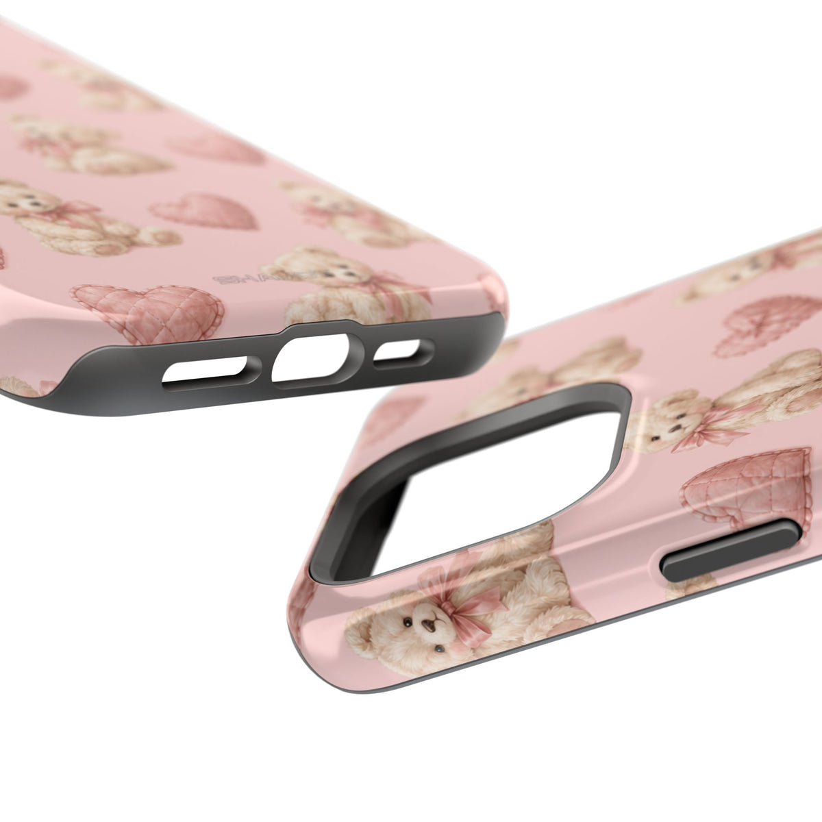 Pink Teddy Hearts Love iPhone Case, Impact-Resistant MagSafe Compatible