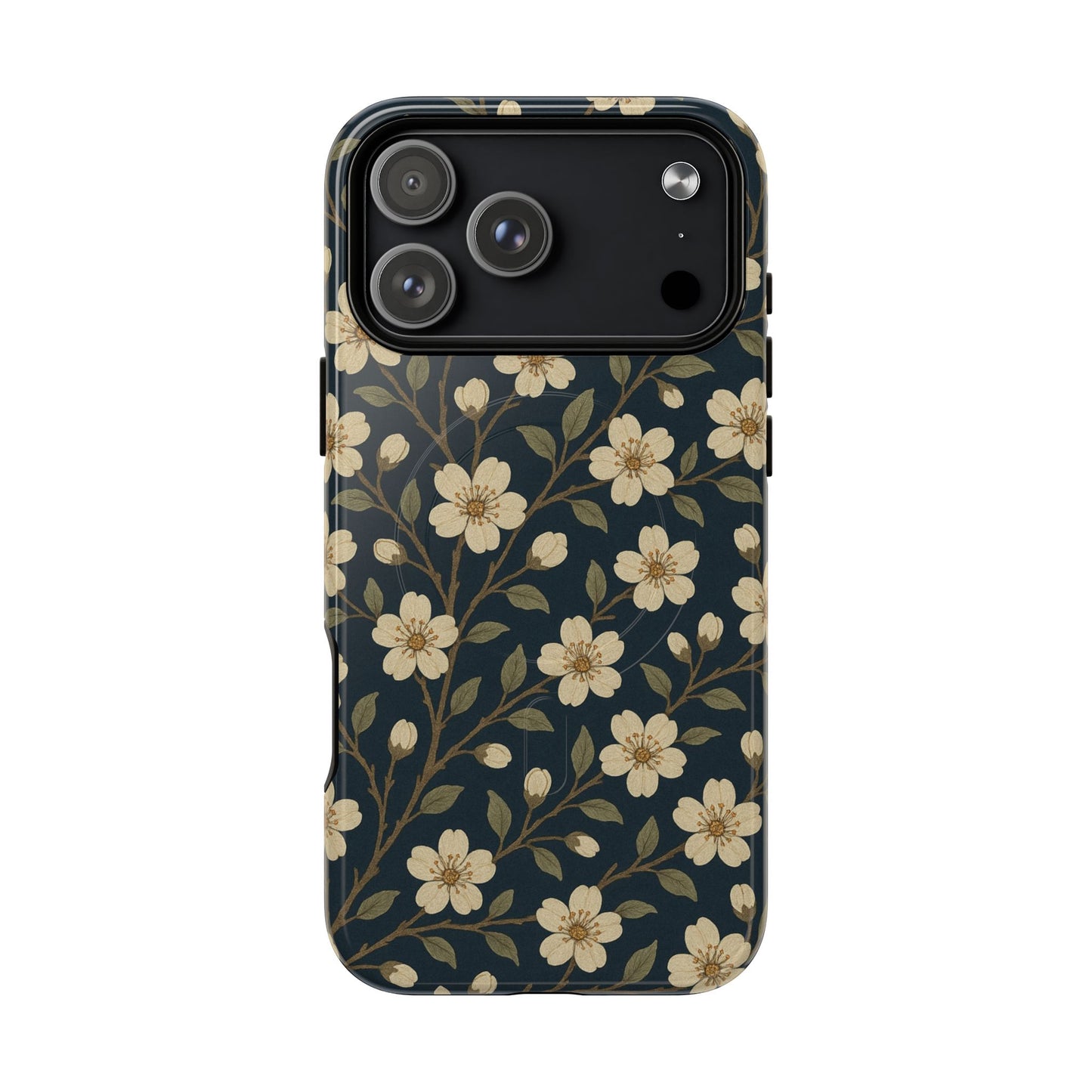 Navy Cherry Blossom Floral iPhone Case - Compatible with MagSafe