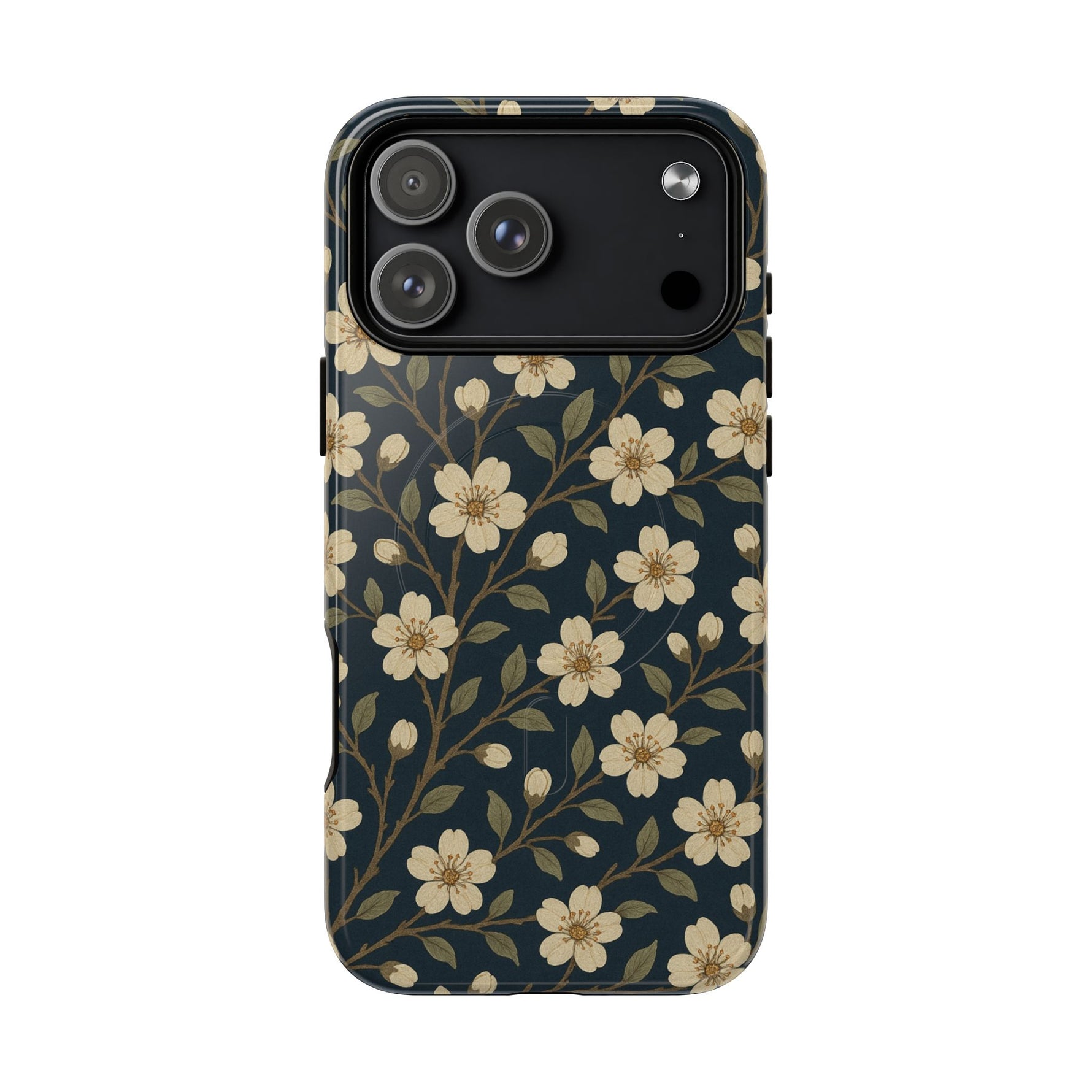 Navy Cherry Blossom Floral iPhone Case - Compatible with MagSafe - Shamo's