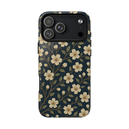 Navy Cherry Blossom Floral iPhone Case - Compatible with MagSafe