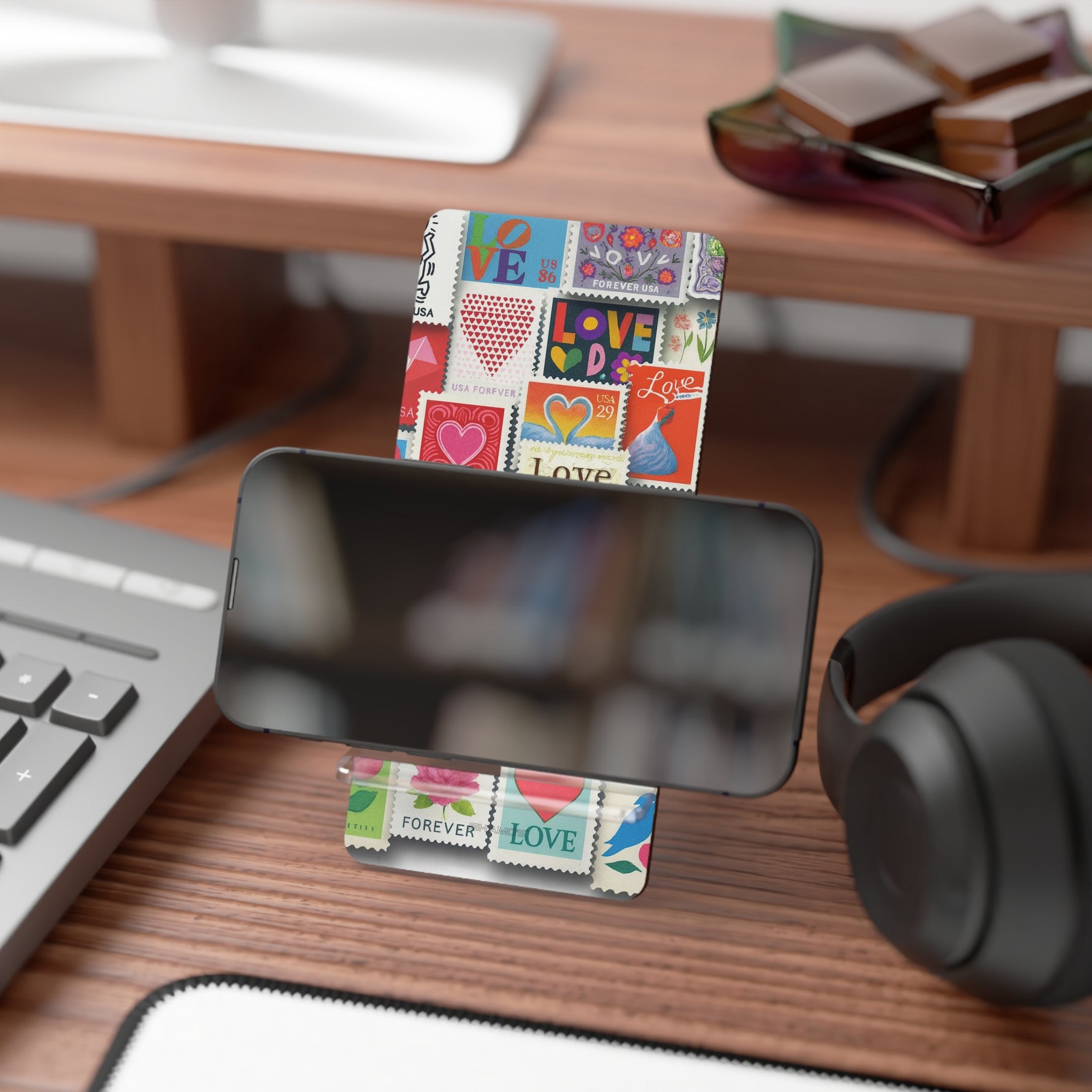 Phone Stand — Colorful 'Love' Stamp Collage Mobile Display Stand