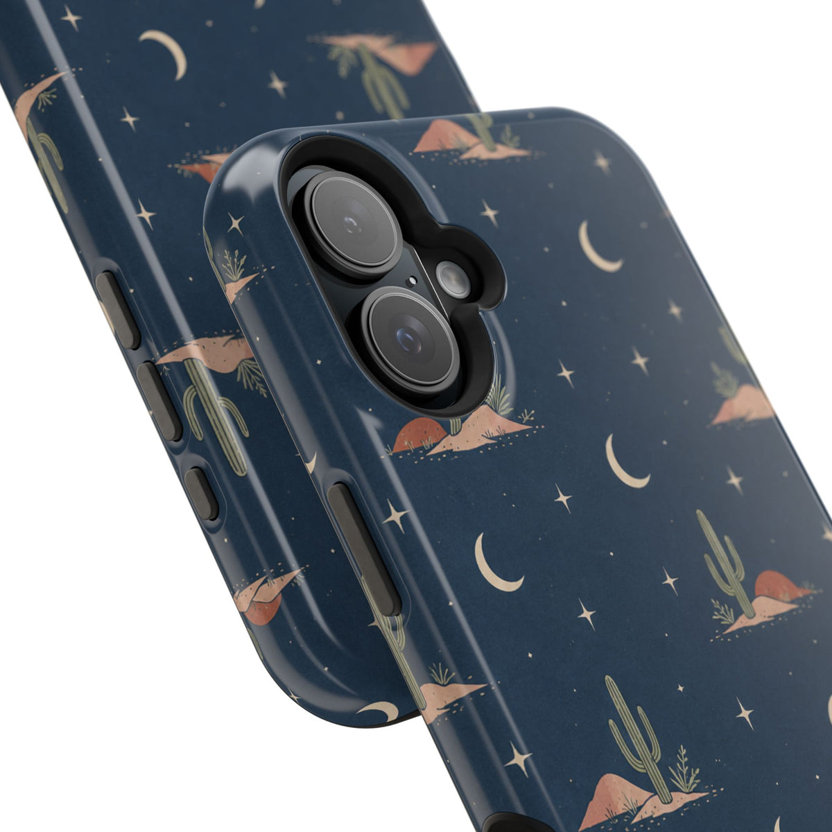 Desert Moon MagSafe Phone Case, glossy vertical dual-camera model, camera and side-button close-up