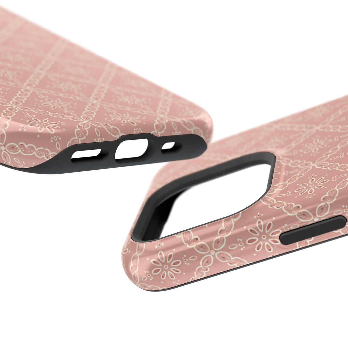 Meadow Lace – Blush Pink Lace Pattern MagSafe Phone Case, glossy square triple-camera Pro model, port openings and edge details