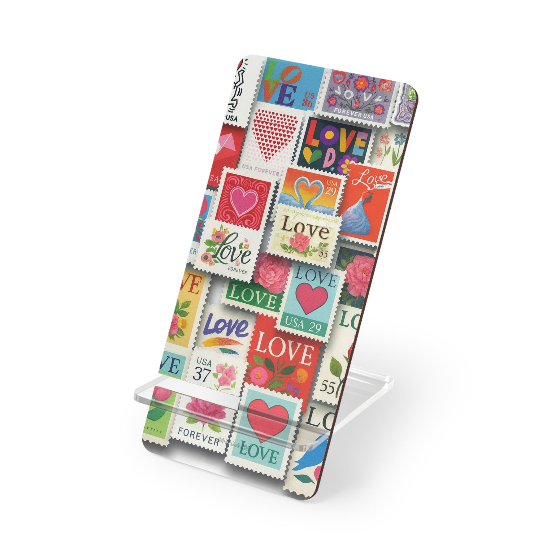 Phone Stand — Colorful 'Love' Stamp Collage Mobile Display Stand