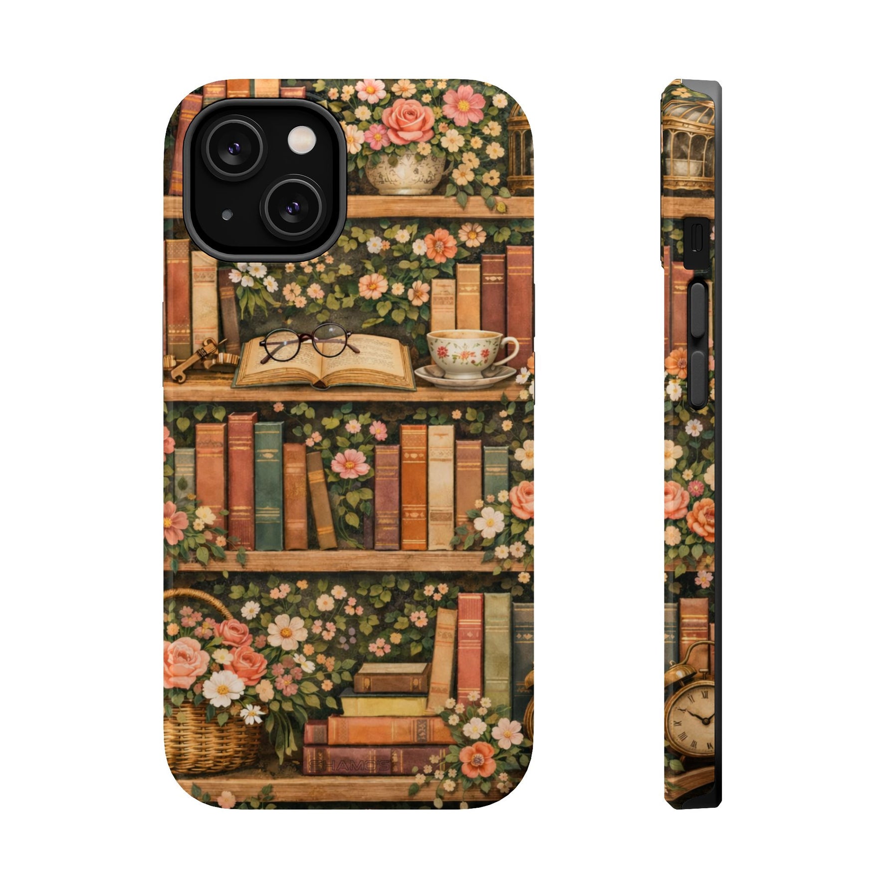 Floral Bookshelf iPhone Case — MagSafe Magnetic, Impact-Resistant