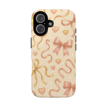 Festive Bow Charm iPhone Case — Pink & Gold Ribbon Hearts with MagSafe - Shamo's