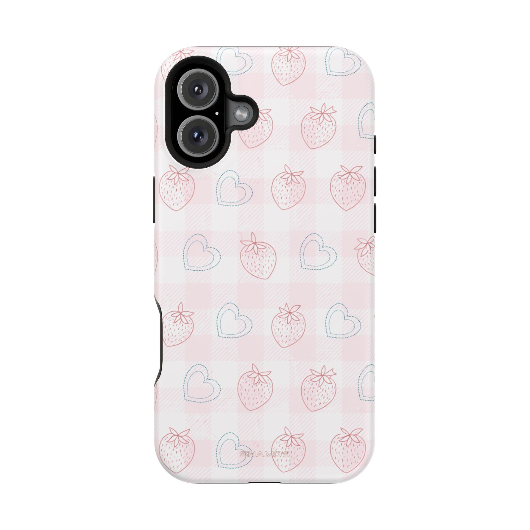 Strawberry Hearts MagSafe Compatible Phone Case | 'Paint it your way' Pink Plaid Impact-Resistant