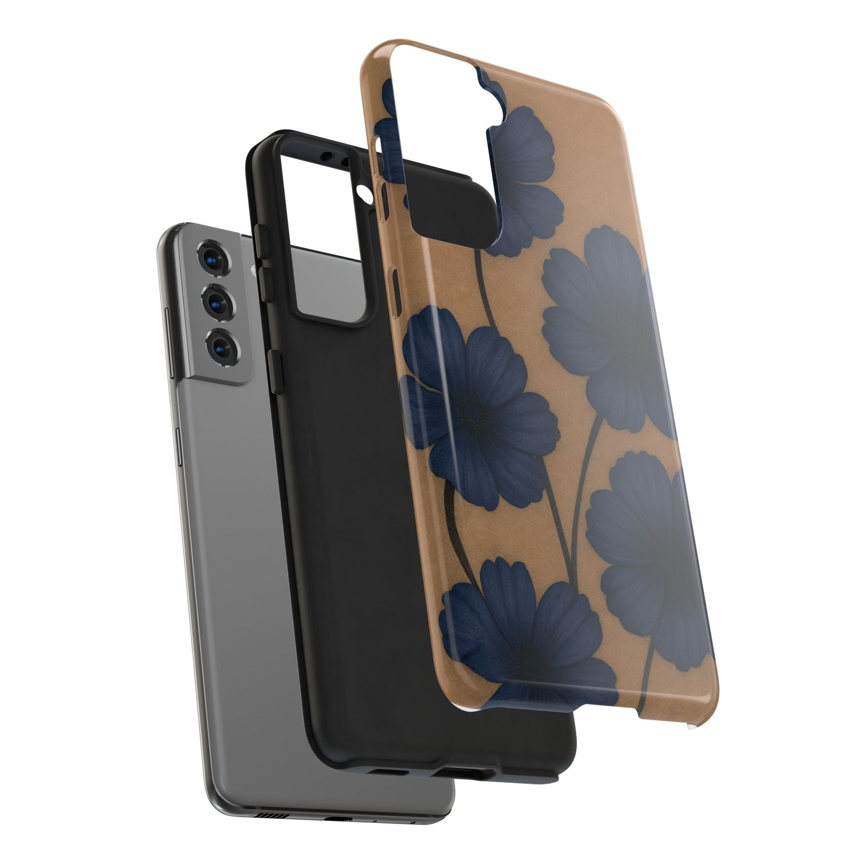 Navy Floral Tough iPhone Case — Durable Protective Case with Blue Flowers on Kraft Background  Shamo's