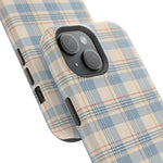 Ranch Check – Blue and Cream Plaid MagSafe Phone Case, glossy diagonal dual-camera model, camera and side-button close-up