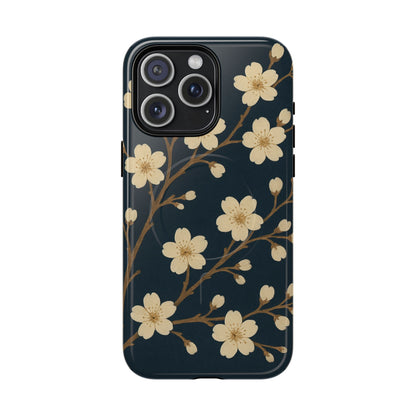 Navy Cherry Blossom Floral iPhone Case - Compatible with MagSafe