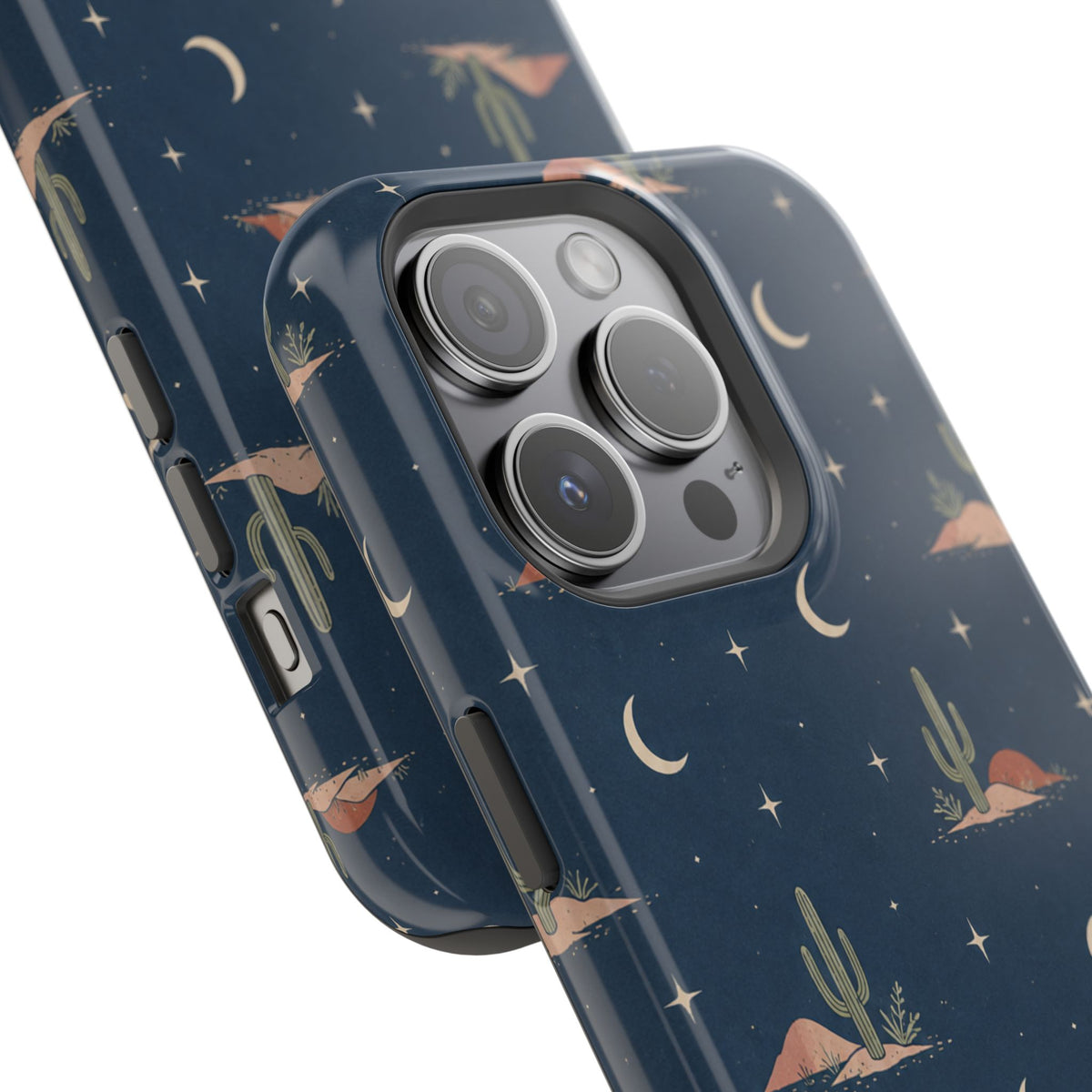 Desert Moon MagSafe Phone Case, glossy square triple-camera Pro model, camera and side-button close-up