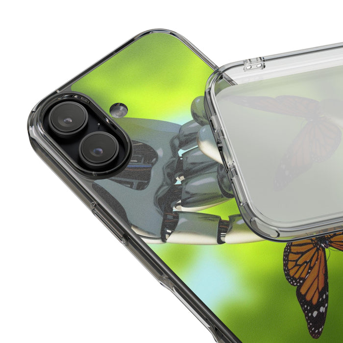 Clear Cases for iPhone 14 Series with Robotic hand and Butterfly.