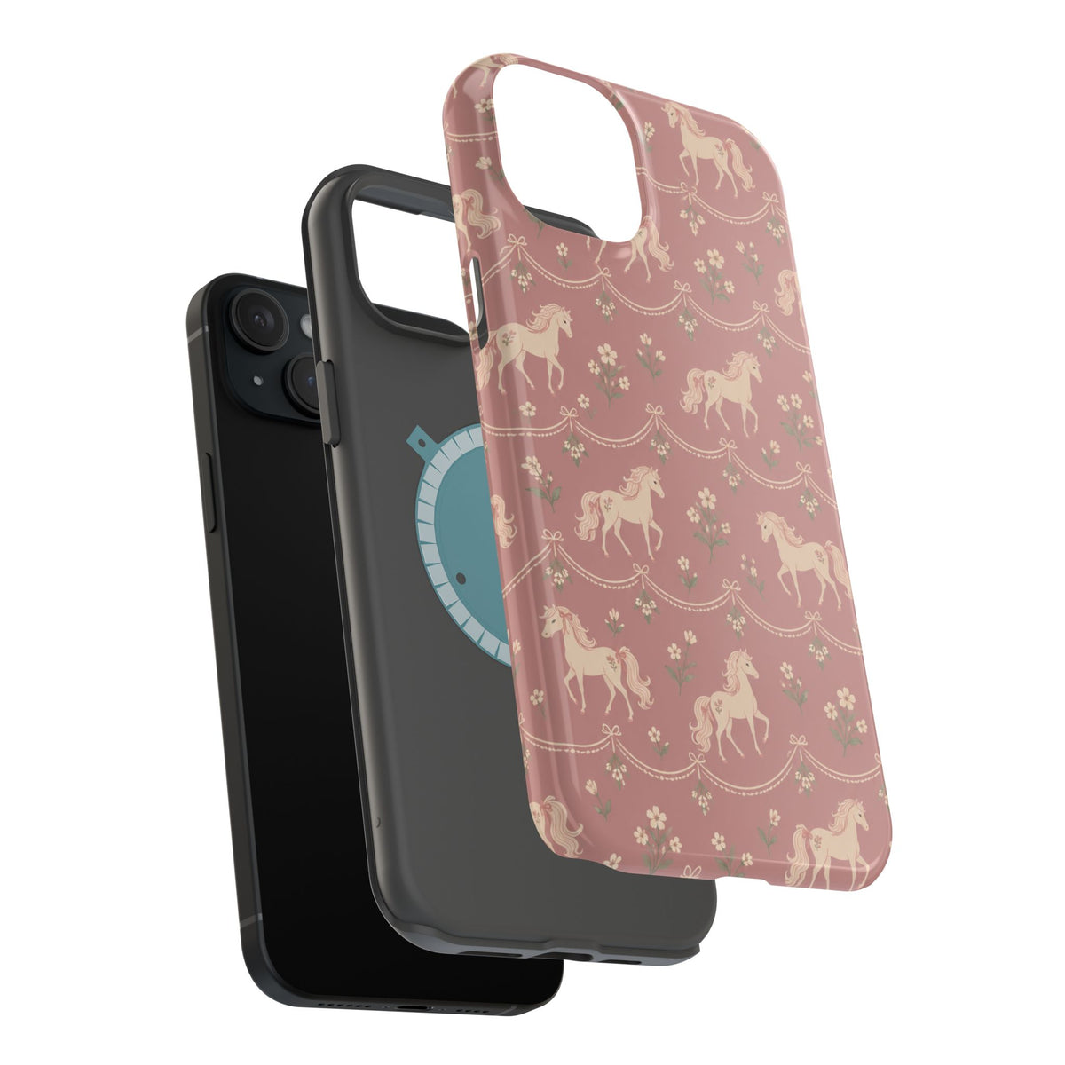 Rose Ponies MagSafe Phone Case, glossy diagonal dual-camera model, exploded shell and liner with magnetic ring