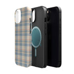Ranch Check – Blue and Cream Plaid MagSafe Phone Case, glossy diagonal dual-camera model, exploded shell and liner with magnetic ring