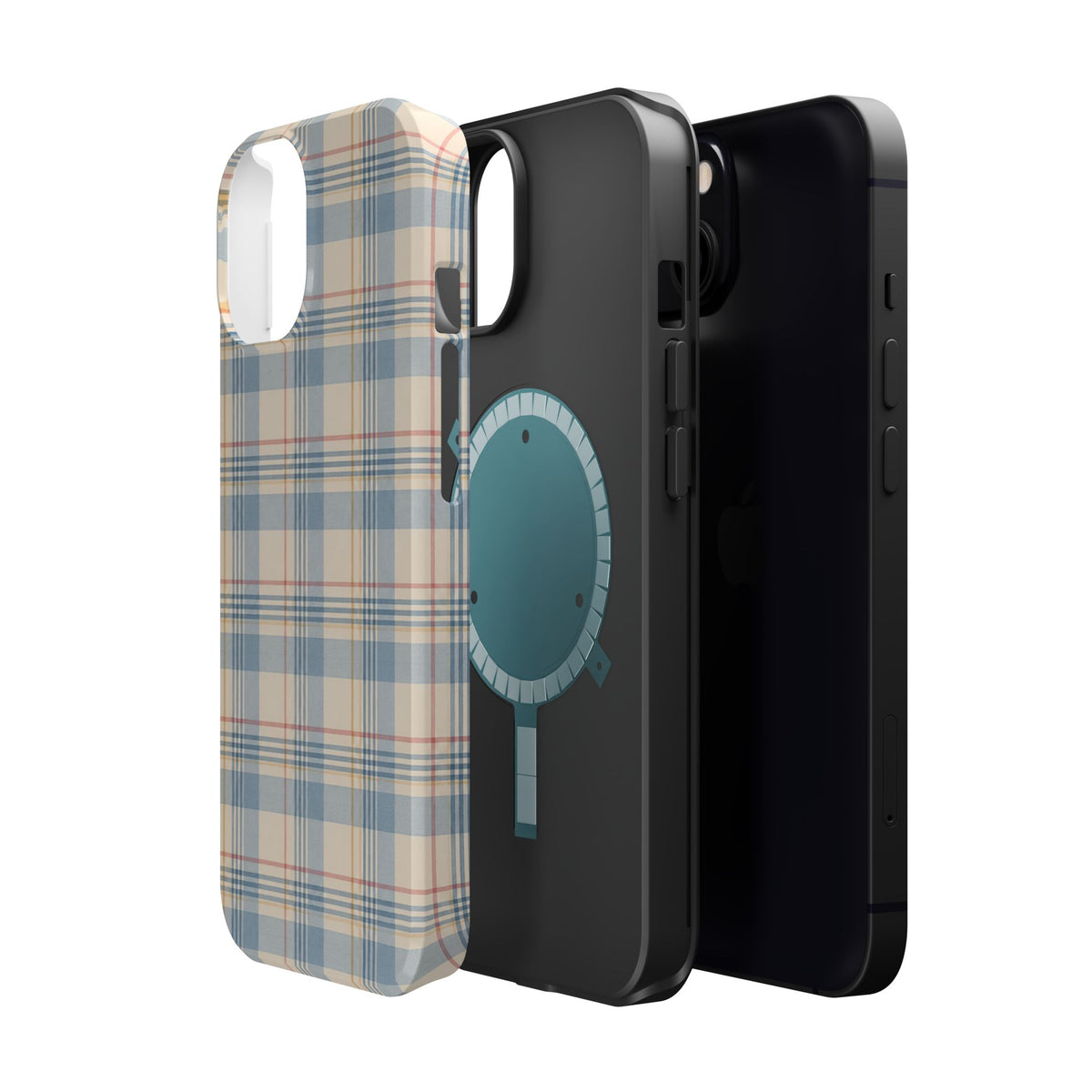 Ranch Check – Blue and Cream Plaid MagSafe Phone Case, glossy diagonal dual-camera model, exploded shell and liner with magnetic ring