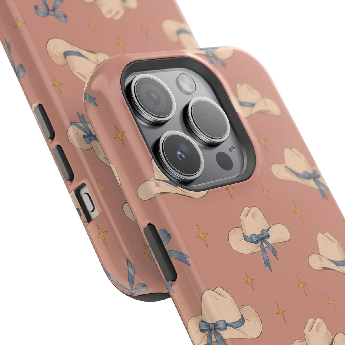 Ribbon Rodeo – Cowgirl Hat and Bow MagSafe Phone Case, Pink, glossy square triple-camera Pro model, camera and side-button close-up