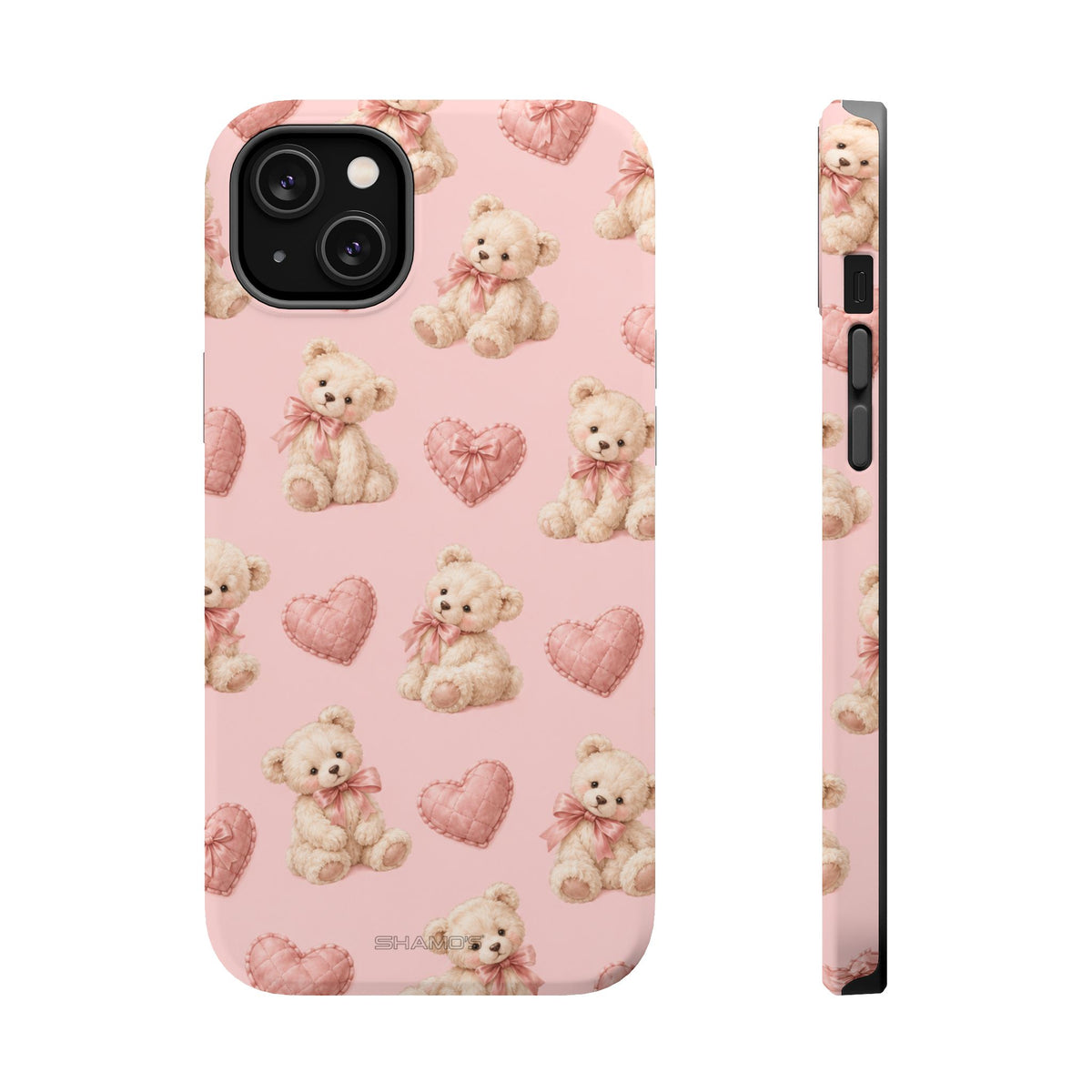 Pink Teddy Hearts Love iPhone Case, Impact-Resistant MagSafe Compatible