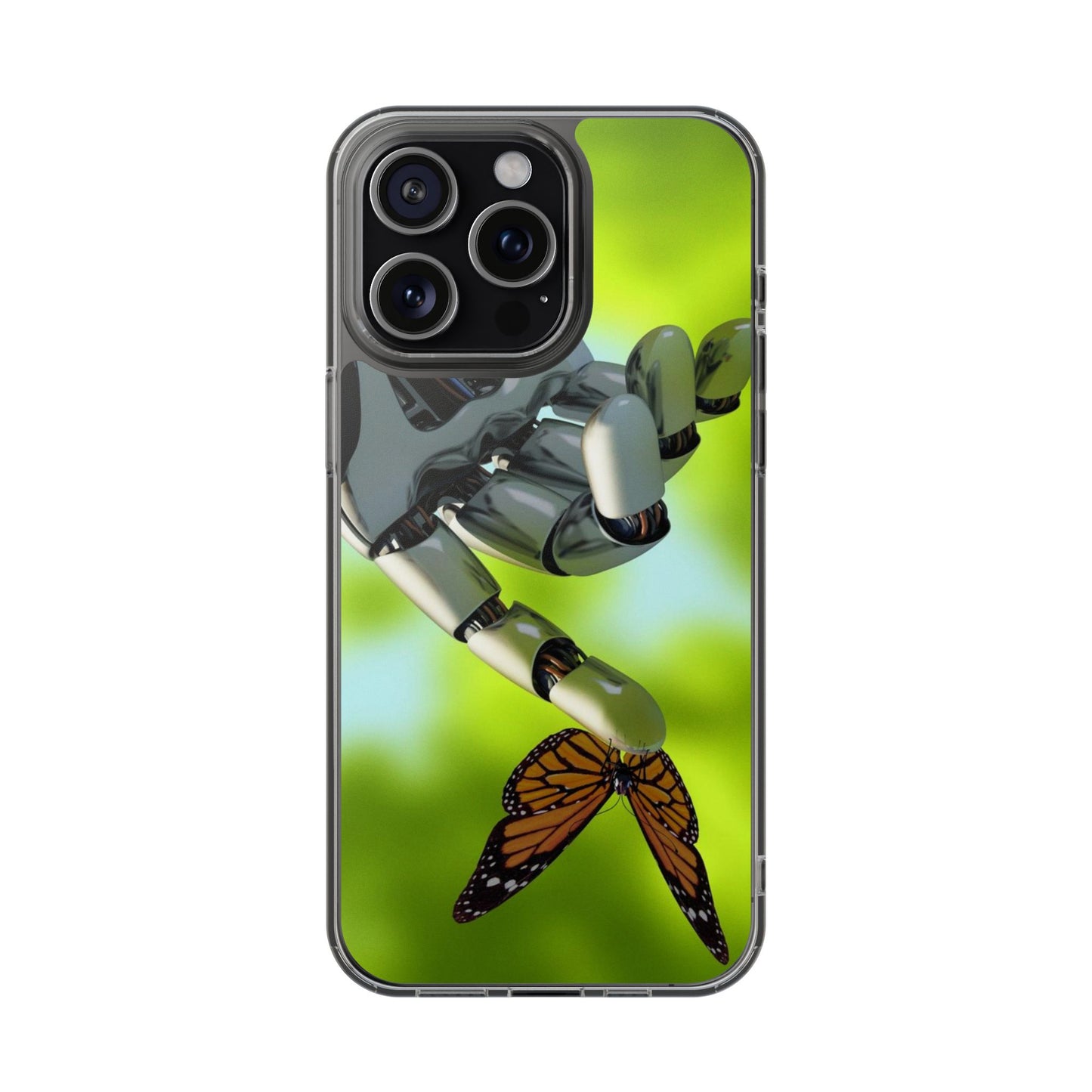 Clear Cases for iPhone 14 Series with Robotic hand and Butterfly.