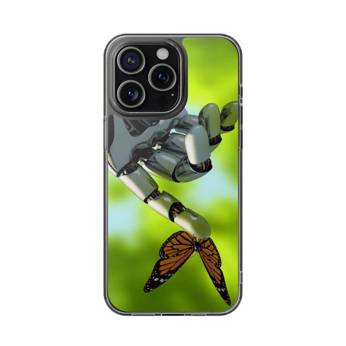 Clear Cases for iPhone 14 Series with Robotic hand and Butterfly.