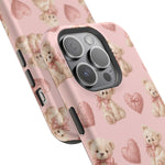 Pink Teddy Hearts Love iPhone Case, Impact-Resistant MagSafe Compatible