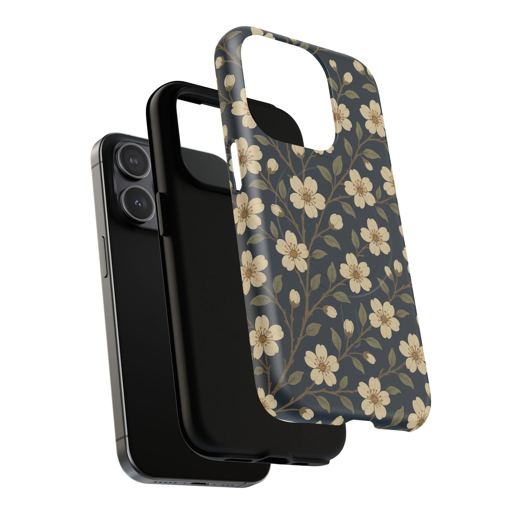 Navy Cherry Blossom Floral iPhone Case - Compatible with MagSafe - Shamo's
