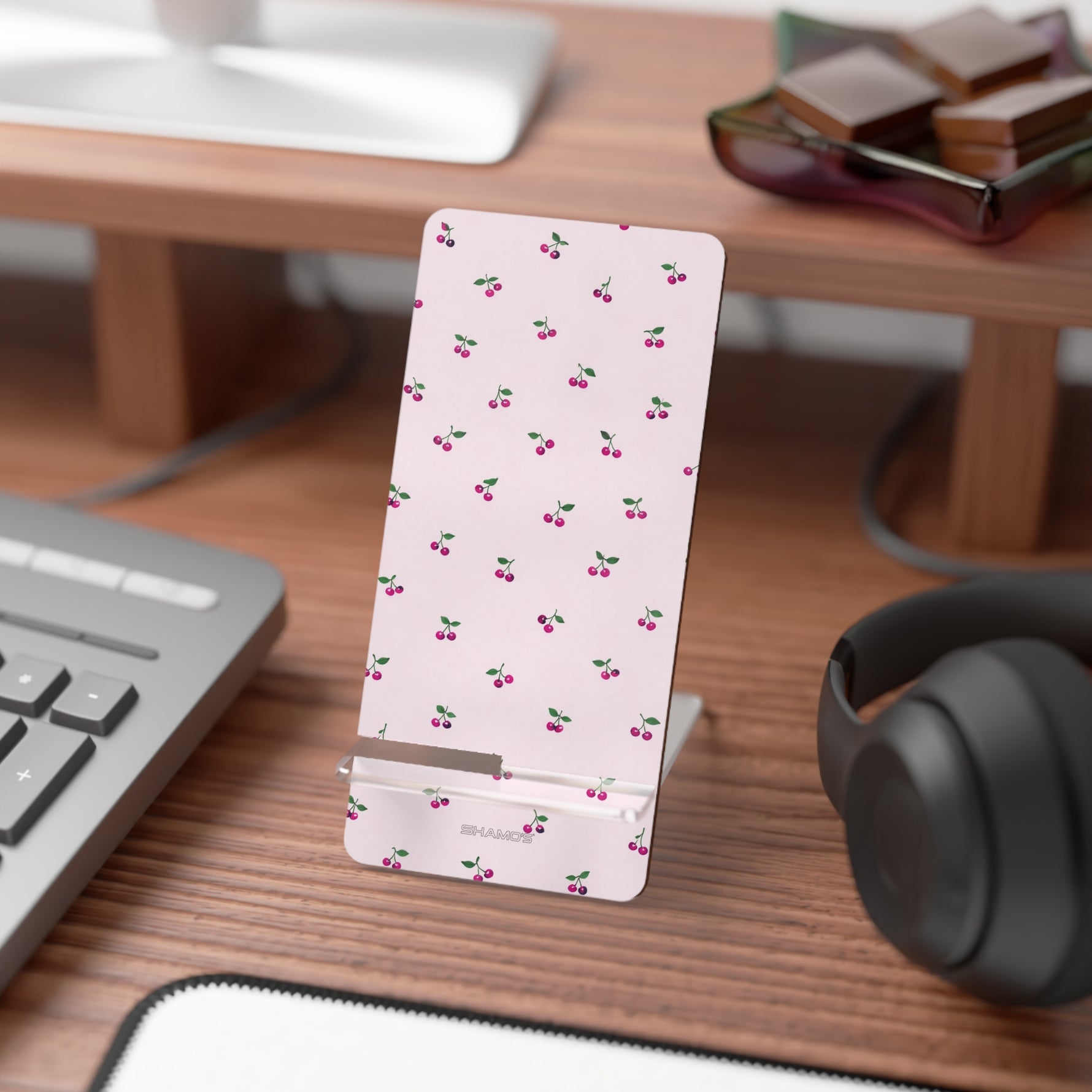 Pink Cherry Pattern Phone Stand — Portable Mobile Display Holder