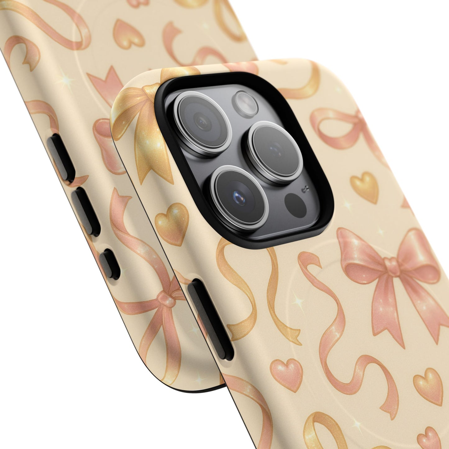 Festive Bow Charm iPhone Case — Pink & Gold Ribbon Hearts with MagSafe - Shamo's