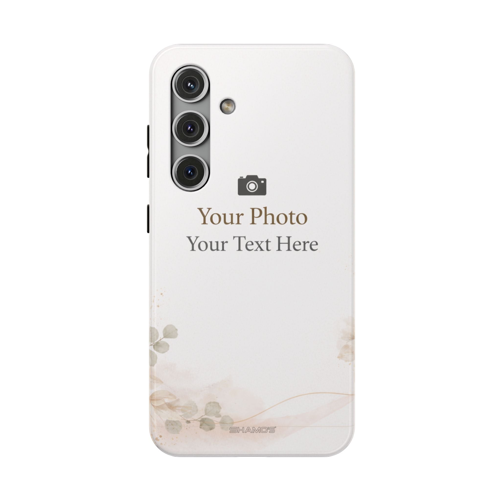 Custom phone case preview with a pale background and text reading Your Photo, Your Text Here