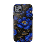 iPhone case with large blue flowers and gold leaves on black background, fits iPhone 13 size