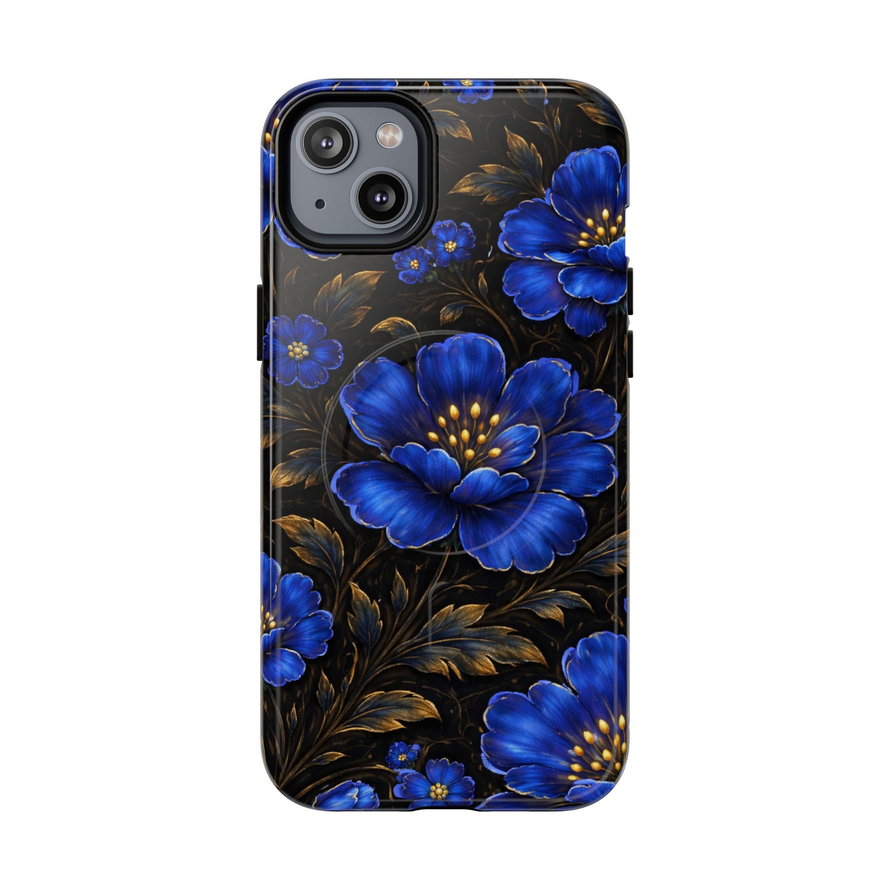 iPhone case with large blue flowers and gold leaves on black background, fits iPhone 13 size
