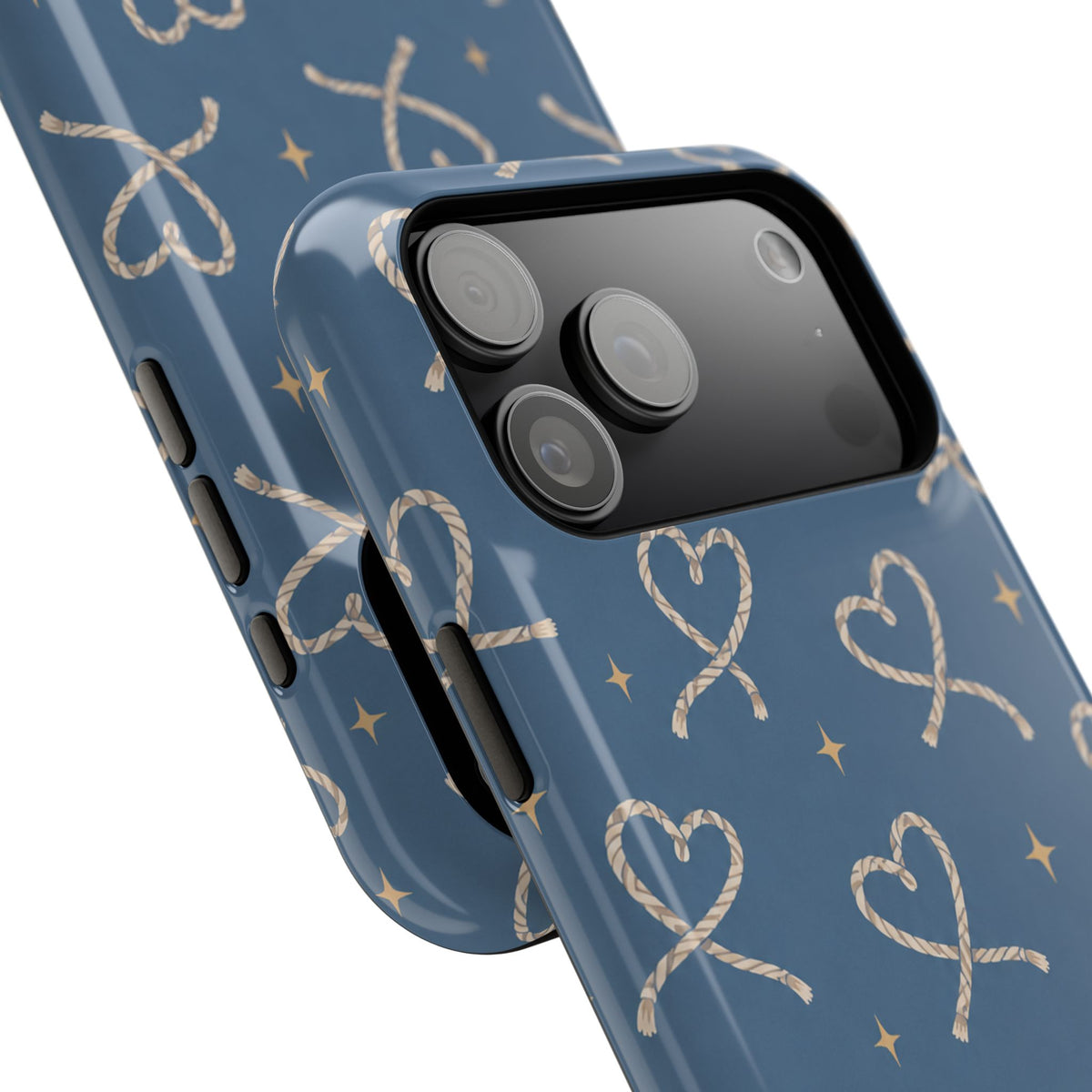 Lasso Hearts – Blue Western Heart MagSafe Phone Case, glossy wide-camera Pro Max model, camera and side-button close-up