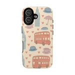 London Icons Hand-Drawn iPhone Case — Cute Double-Decker Bus & Big Ben Pattern with MagSafe compatibility  Shamo's iPhone 17 / Glossy