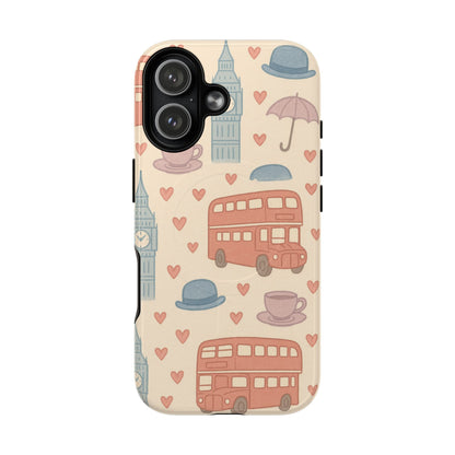 London Icons Hand-Drawn iPhone Case — Cute Double-Decker Bus & Big Ben Pattern with MagSafe compatibility