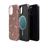 Rose Ponies MagSafe Phone Case, glossy diagonal dual-camera model, exploded shell and liner with magnetic ring