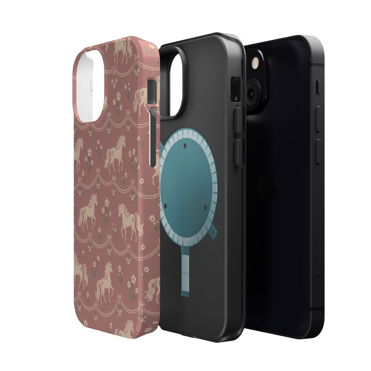 Rose Ponies MagSafe Phone Case, glossy diagonal dual-camera model, exploded shell and liner with magnetic ring