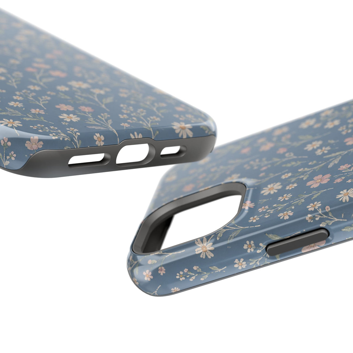 Denim Wildflowers MagSafe Phone Case, glossy diagonal dual-camera model, port openings and edge details