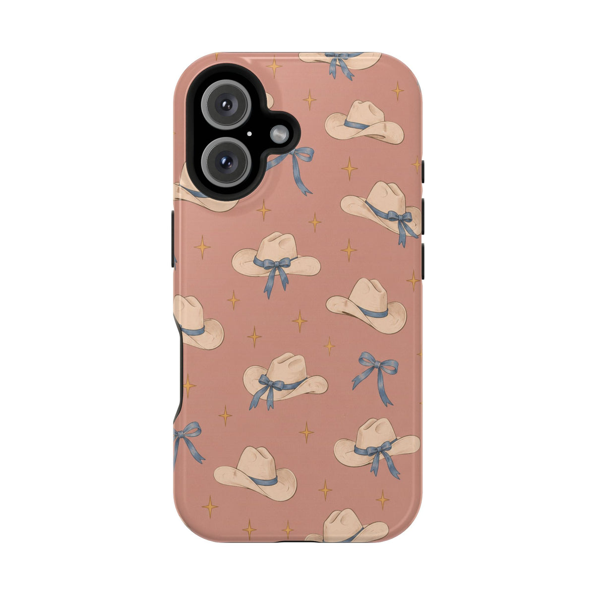 Ribbon Rodeo – Cowgirl Hat and Bow MagSafe Phone Case, Pink, glossy iPhone 16, rear view